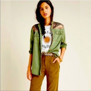 Anthropologie army green button down tunic with bronze sequin shoulders
